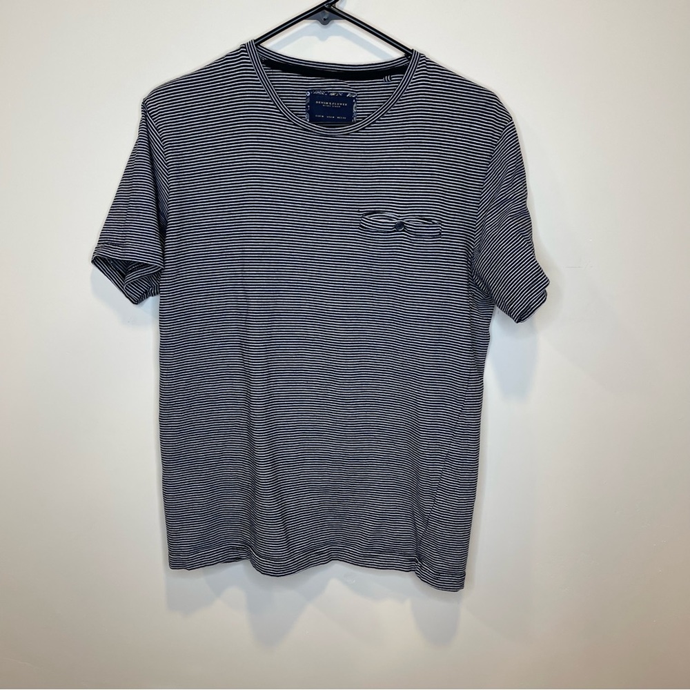 Denim & Flower Striped Short Sleeve Pocket T Shirt